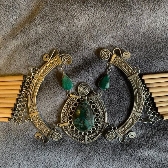 Unique malachite belt. Either reed or bamboo. metal design and clasp, 32 '' long - Picture 5 of 5